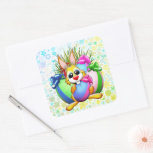 Funny Bunny biting an Easter Egg Square Sticker