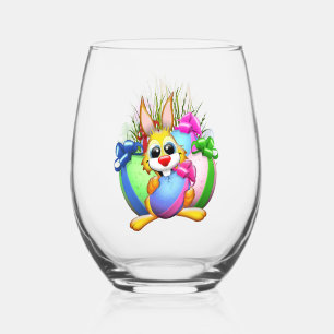 Funny Bunny biting an Easter Egg Stemless Wine Glass