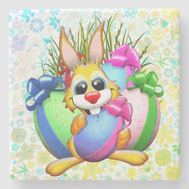 Funny Bunny biting an Easter Egg Stone Coaster (Front)