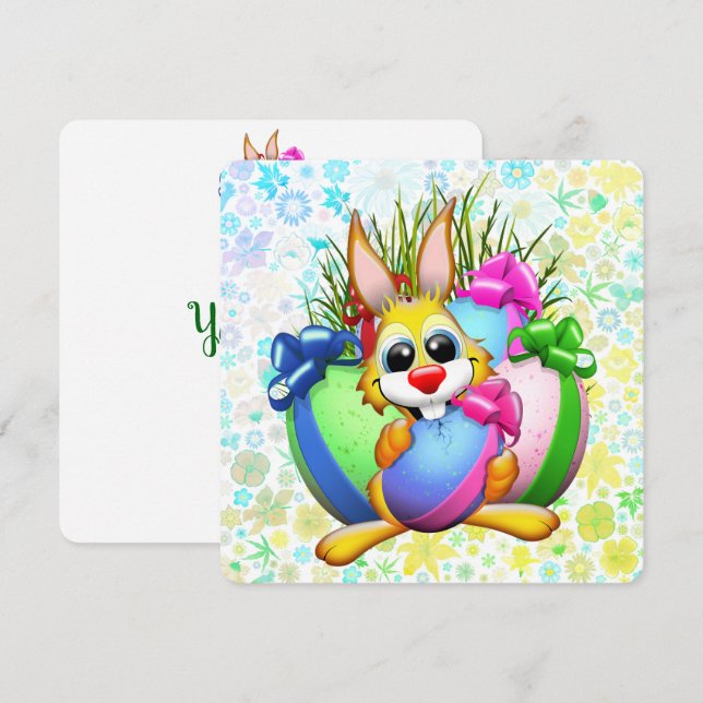 Funny Bunny biting an Easter Egg Thank You Card (Front/Back)