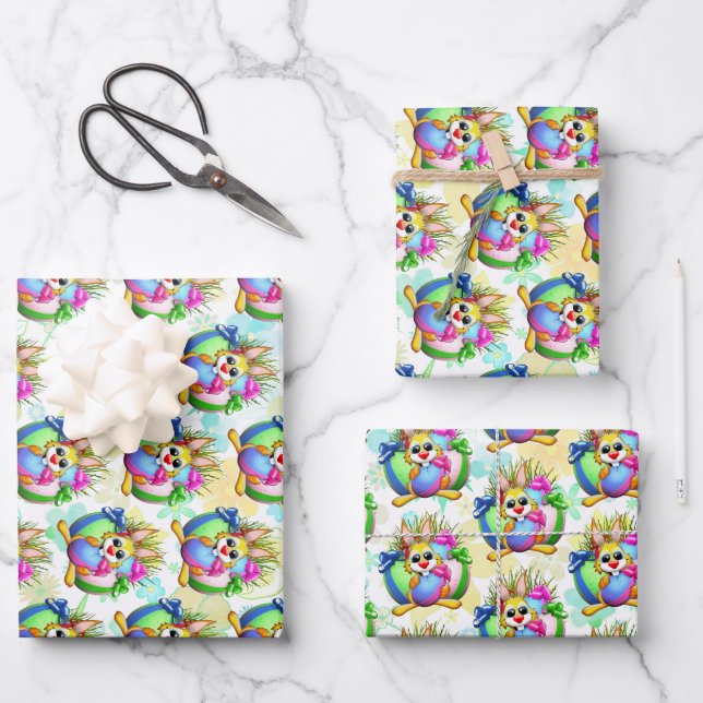 Funny Bunny biting an Easter Egg Wrapping Paper Sheet (Front)