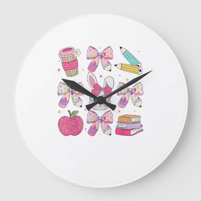 Funny Bunny Coquette Bow Rabbit Teacher Easter Ret Large Clock (Front)