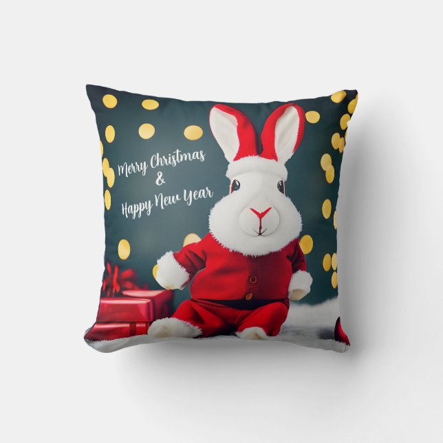 Funny Bunny Cute Christmas Rabbit Santa Gift  Cushion (Front)