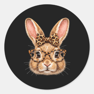 Funny bunny face glasses bandanna leopard bow happ classic round sticker