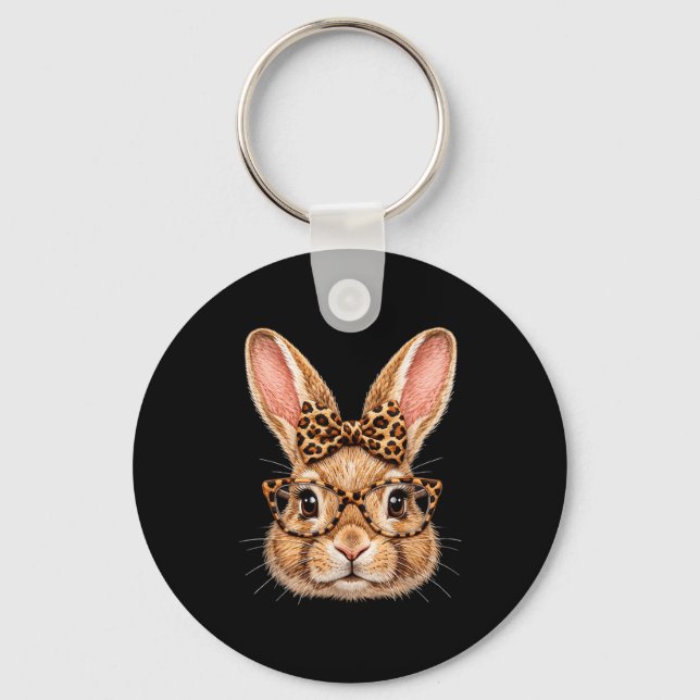 Funny bunny face glasses bandanna leopard bow happ key ring (Front)