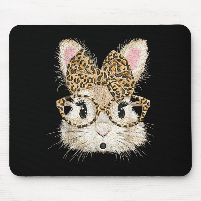 Funny Bunny Face Glasses Coquette Bow Leopard Mouse Mat (Front)