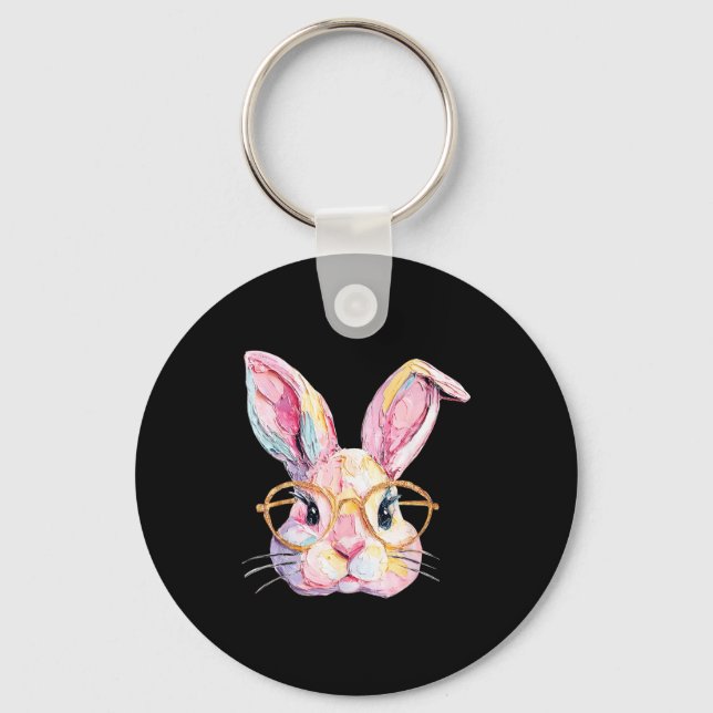 Funny bunny face glasses eggs rabbit happy easter key ring (Front)