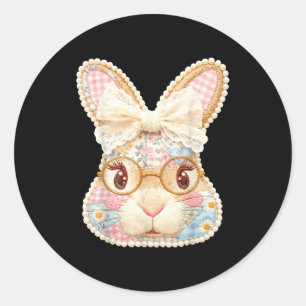 Funny bunny face glasses floral patchwork rabbit classic round sticker