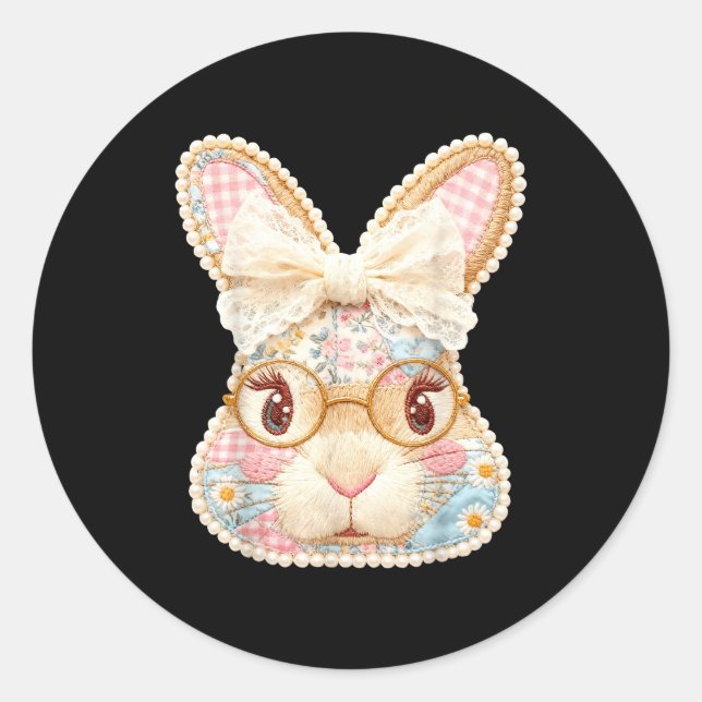 Funny bunny face glasses floral patchwork rabbit classic round sticker (Front)