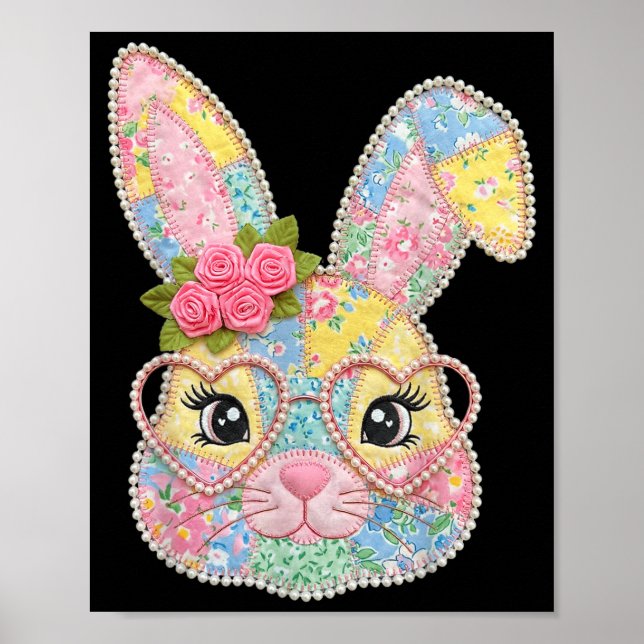 Funny bunny face glasses floral patchwork rabbit poster (Front)