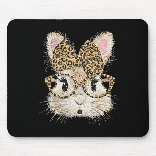 Funny Bunny Face Gles Coquette Bow Leopard Rabbit  Mouse Mat (Front)