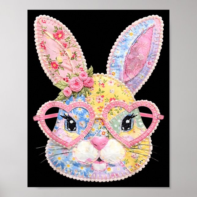 Funny Bunny Face Gles Floral Patchwork Rabbit East Poster (Front)