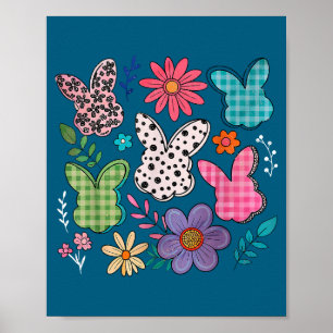 Funny Bunny Floral Rabbit Eggs Happy Easter Retro Poster