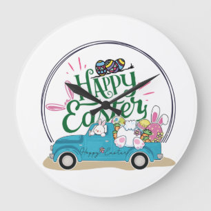 Funny Bunny Happy Easter Day Large Clock