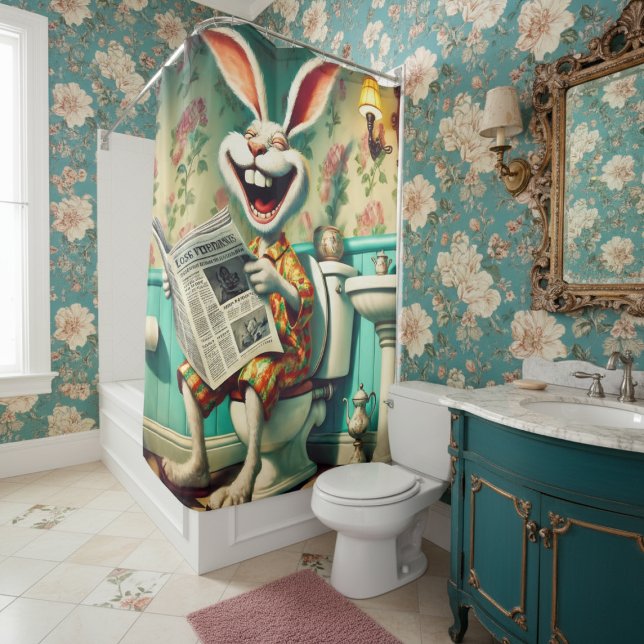 Funny Bunny on Toilet Bathroom Art  Shower Curtain (Creator Uploaded)