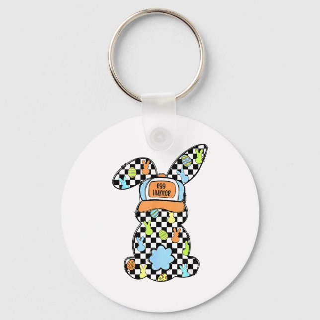 Funny Bunny Rabbit Eggs Happy Easter Checkered Cou Key Ring (Front)