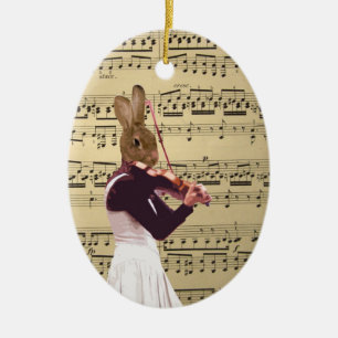 Funny bunny rabbit violinist ceramic tree decoration
