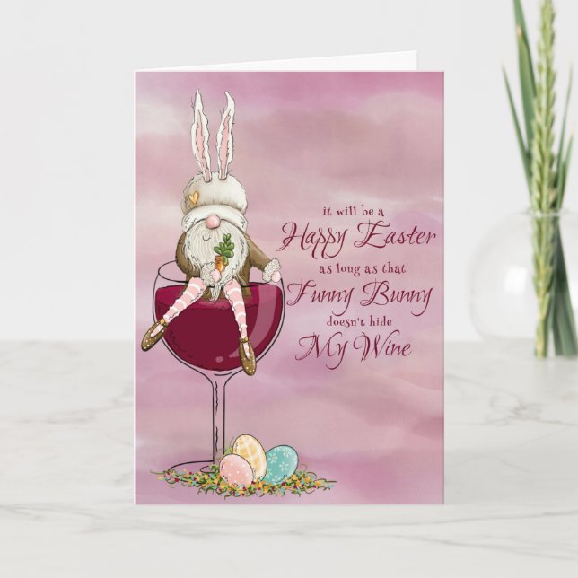 Funny Bunny Sitting on a Glass of Wine Greeting  Holiday Card (Front)