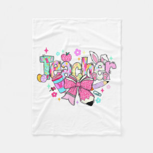 Funny Bunny Teacher Coquette Bow Rabbit Easter Ret Fleece Blanket