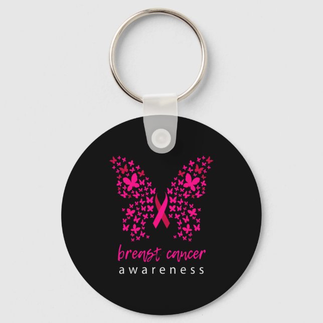 Funny Butterfly Breast Cancer Awareness Ribbon  Key Ring (Front)