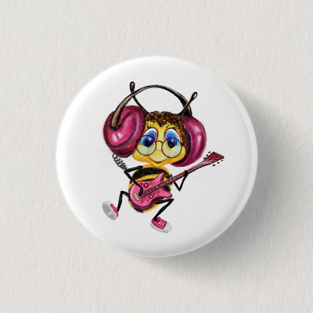 Funny Button with Guitar Player Bee (Front)