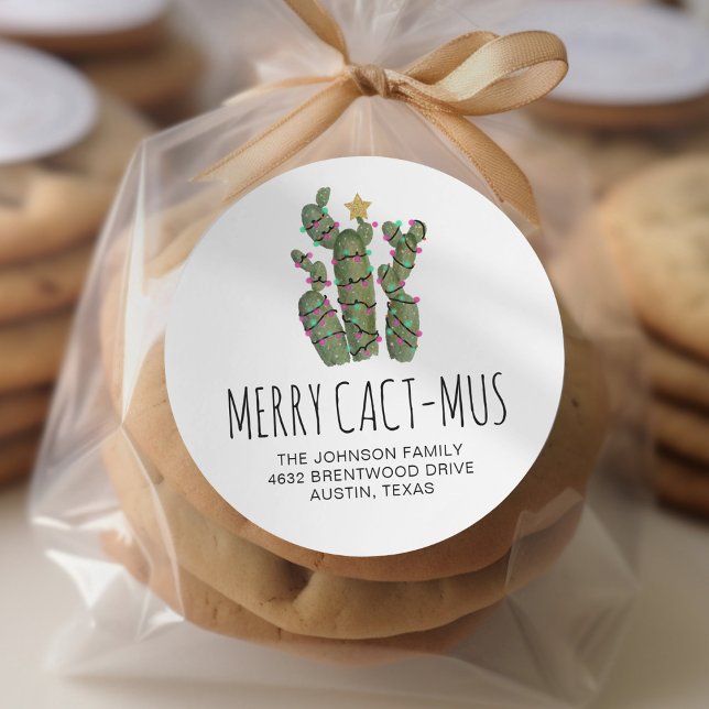 Funny Cactus Christmas Holiday Return Address Classic Round Sticker (Creator Uploaded)