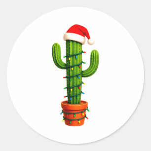 Funny Cactus Santa Hat Xmas Tree Lights Merry Chri Classic Round Sticker