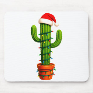 Funny Cactus Santa Hat Xmas Tree Lights Merry Chri Mouse Mat