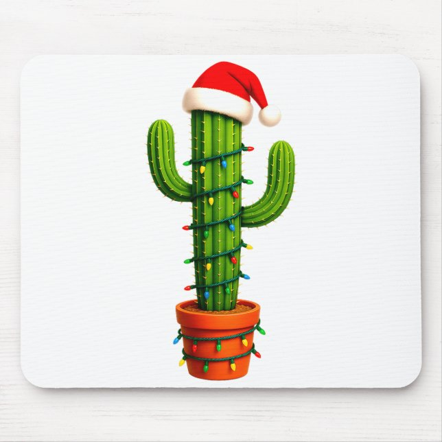 Funny Cactus Santa Hat Xmas Tree Lights Merry Chri Mouse Mat (Front)