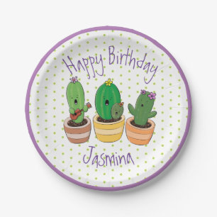 Funny cactus trio cartoon illustration paper plate