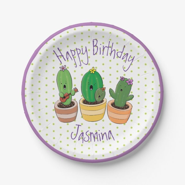 Funny cactus trio cartoon illustration paper plate (Front)