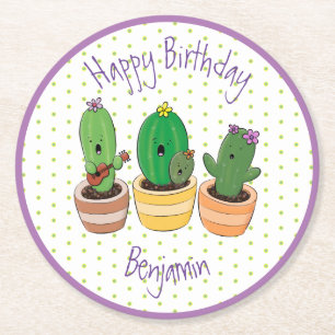 Funny cactus trio cartoon illustration round paper coaster