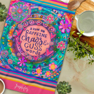 Funny Caffeine Chaos Cuss Words Floral Stripe Name Tea Towel