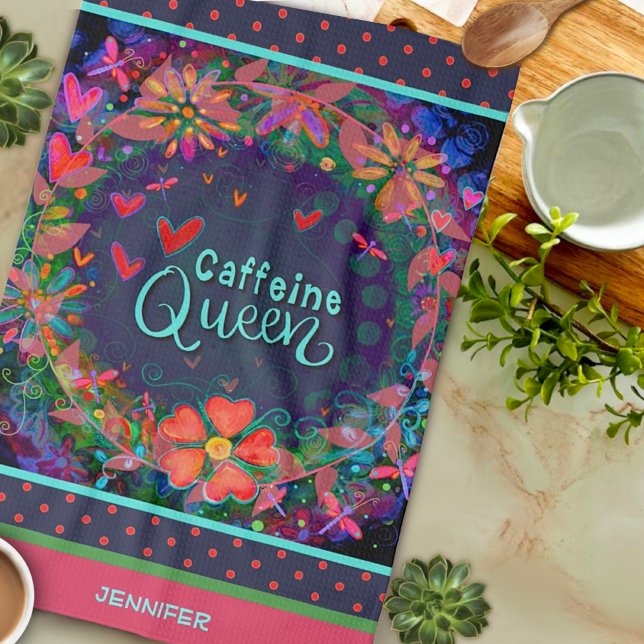 Funny Caffeine Queen Quote Floral Heart Name Tea Towel (Creator Uploaded)