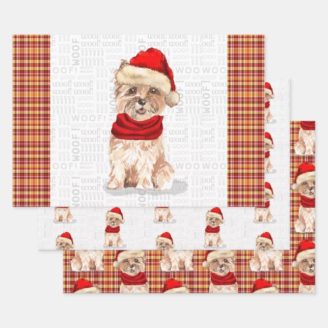 Funny Cairn Christmas Dog and Holiday Plaid Wrapping Paper Sheet (Set)