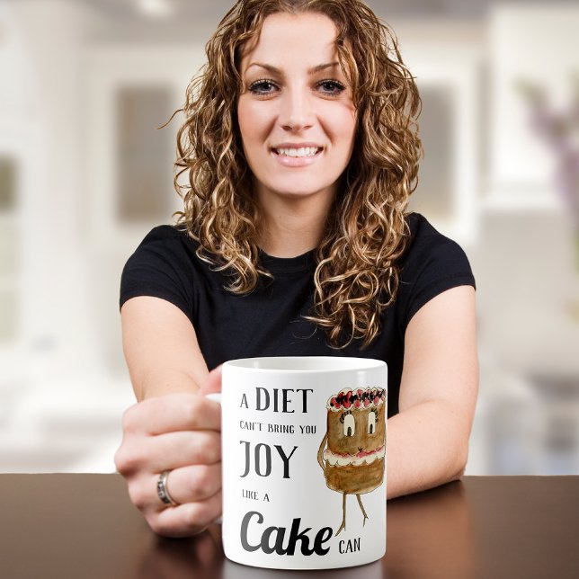 Funny Cake verses Diet Quote Coffee Mug (Funny cake lovers quote with cute Black Forest gateau cartoon art)