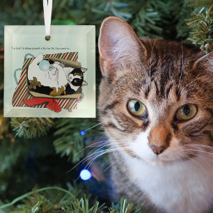 Funny Calico Cat Christmas Gift Box Glass Tree Decoration