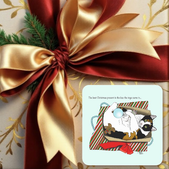 Funny Calico Cat Christmas Gift Box Square Sticker (Creator Uploaded)