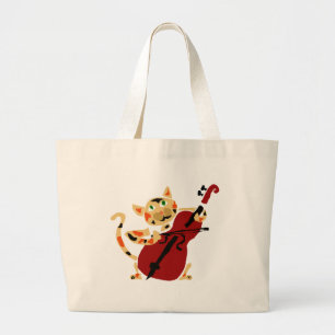 Funny Calico Cat Playing Cello Art Cartoon Large Tote Bag