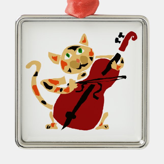 Funny Calico Cat Playing Cello Art Cartoon Metal Tree Decoration (Front)