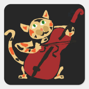 Funny Calico Cat Playing Cello Art Cartoon Square Sticker