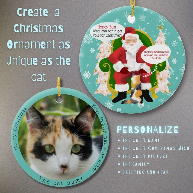 Funny Calico Cat Visits Santa Custom Christmas Ceramic Tree Decoration (Creator Uploaded)