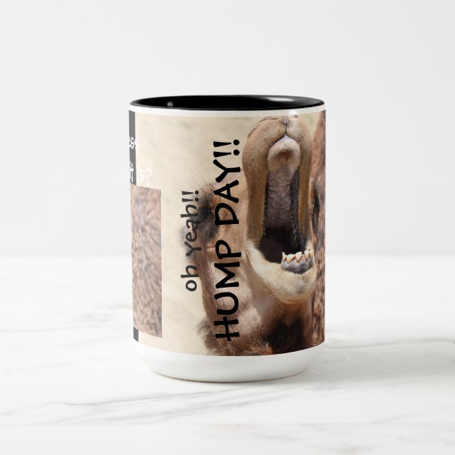 Funny Camel HUMP DAY Mug, Black & Tan Two-Tone Coffee Mug (Center)