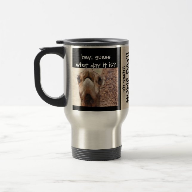 Funny Camel HUMP DAY Travel Mug, Black & Tan Travel Mug (Left)