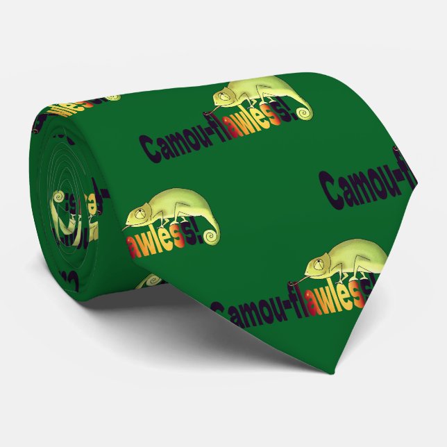 Funny Camou-flawless Chameleon Pun Tie (Rolled)