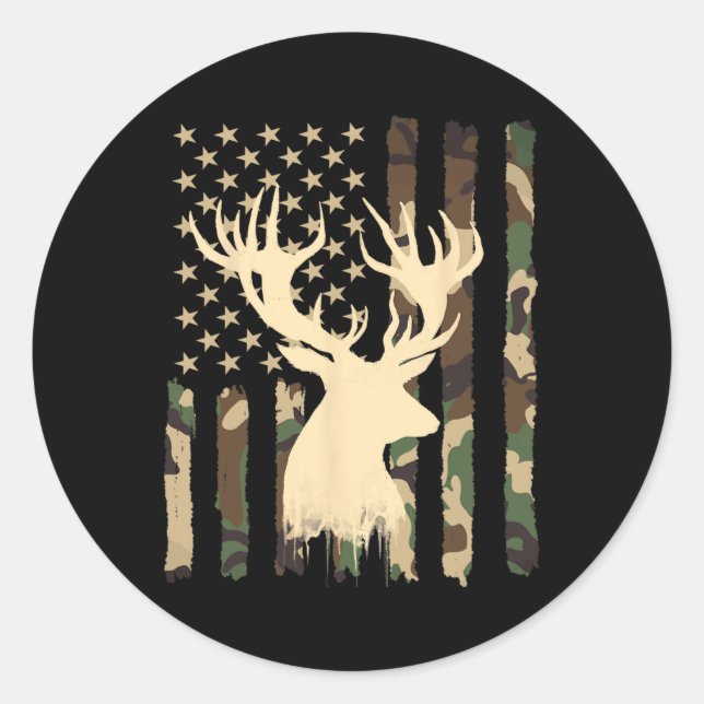 Funny Camouflage Usa Flag Whitetail Buck Deer Hunt Classic Round Sticker (Front)
