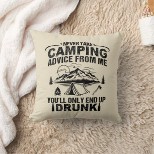 Funny camping drinking sayings cushion