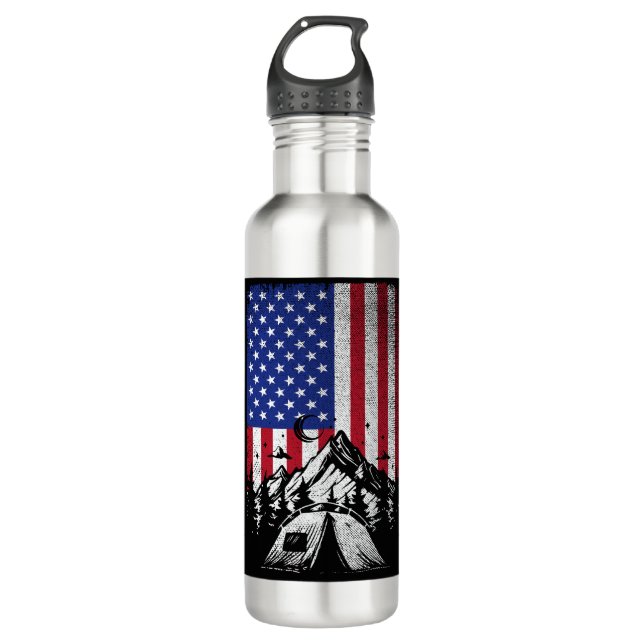 Funny Camping Hiking Lover American Flag  710 Ml Water Bottle (Front)