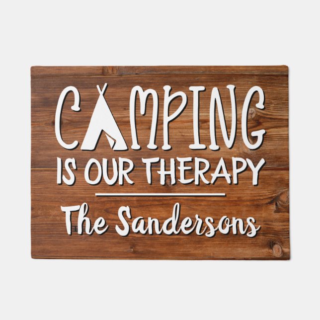 Funny Camping is Our Therapy Rustic w Family Name Doormat (Front)