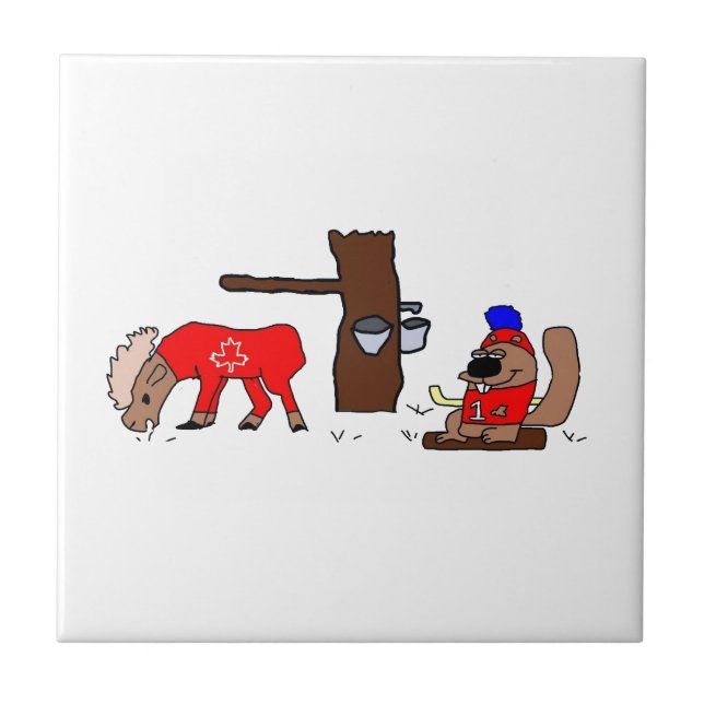 Funny Canada Moose and Beaver with Maple Syrup Tile (Front)